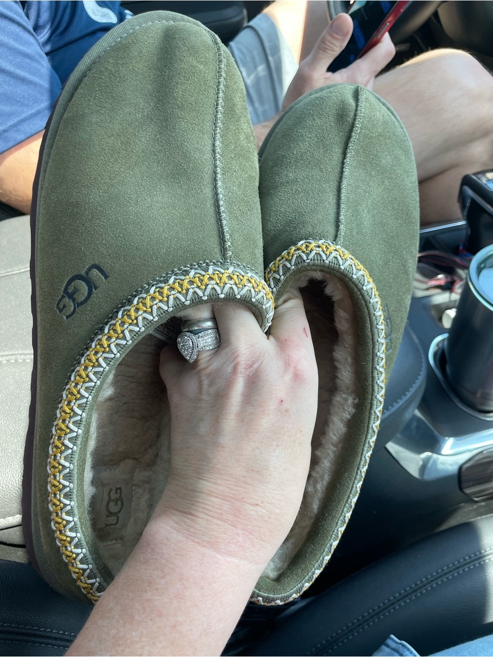 UGG Olive Suede Slip-On Shearling Mules with Yellow Trim